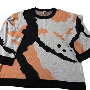 Cable Stitch Abstract Intarsia Short Sleeve Sweater Grey Orange Silk Blend L